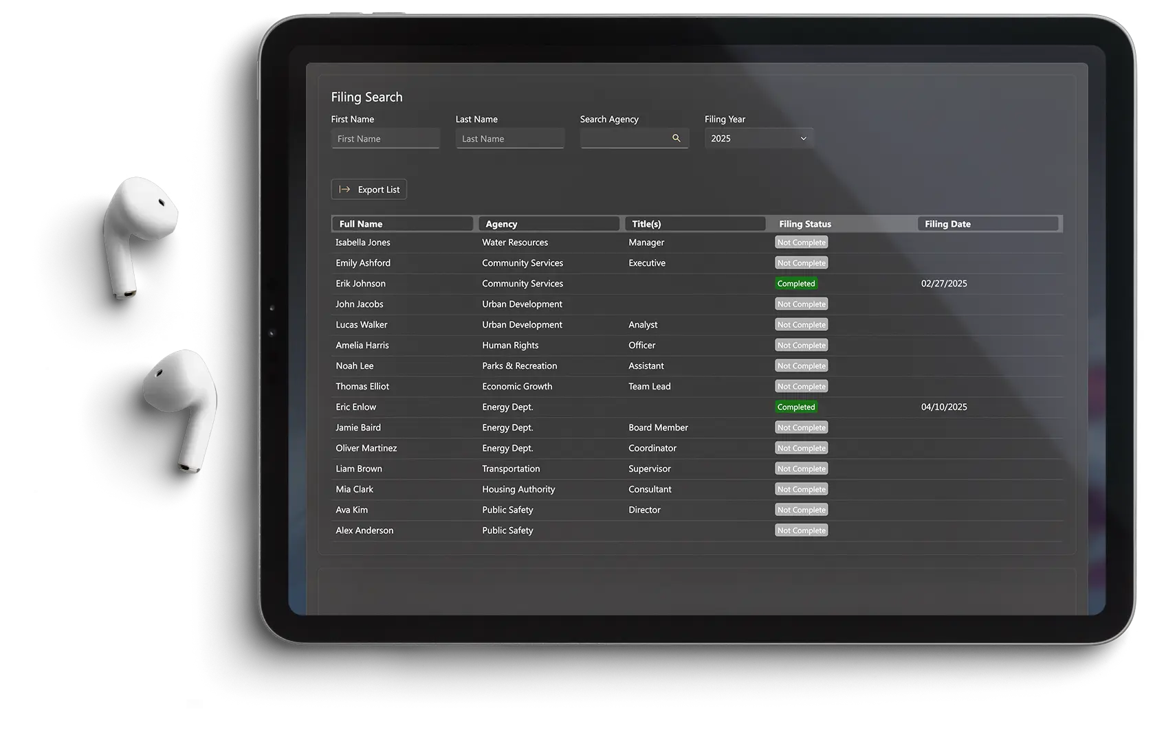 Tablet showing the filing search screen