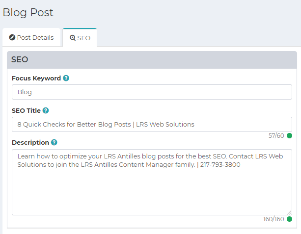 SEO tab of a blog post