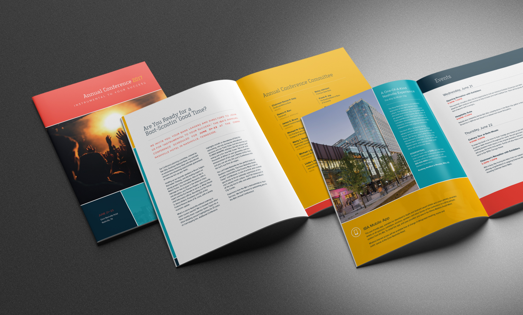 Graphic designers created print publications with the new IBA brand.